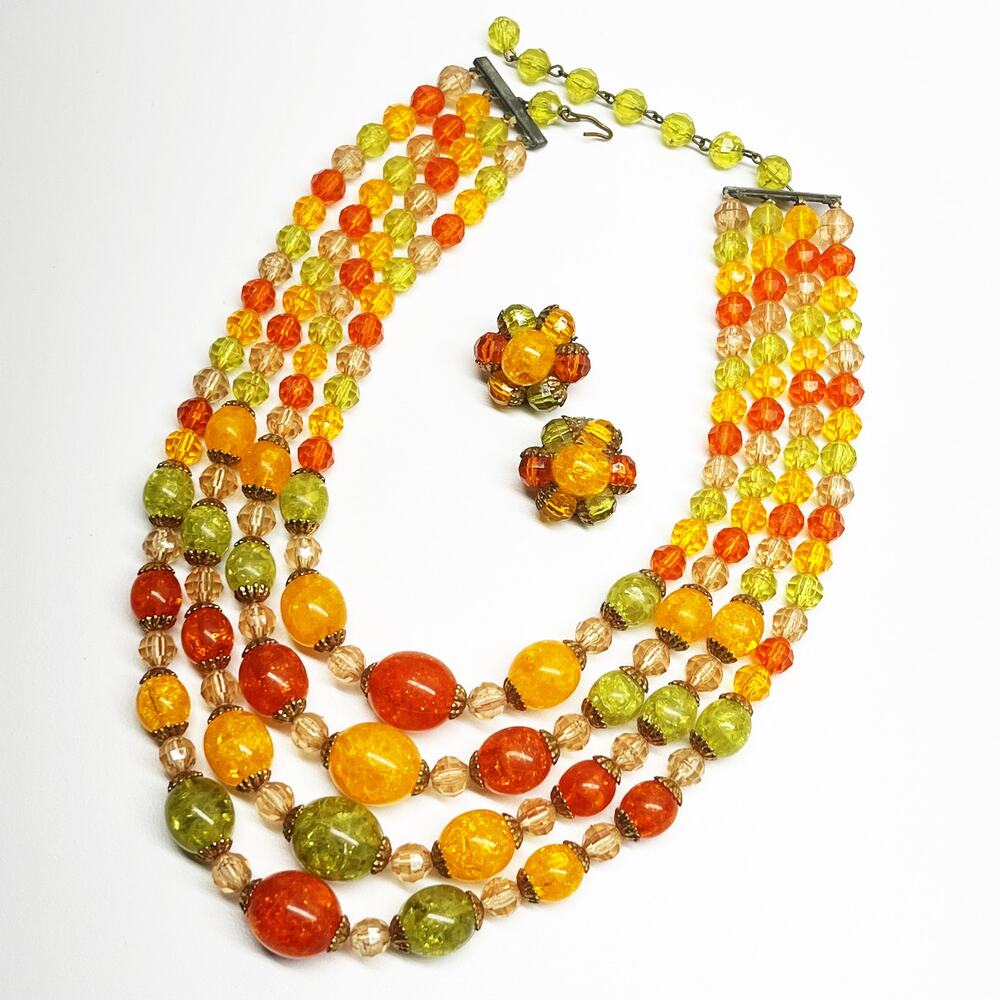 Vintage Sparkle Bead Mid-Century 4-Strand Necklace & Earring Jewelry Set